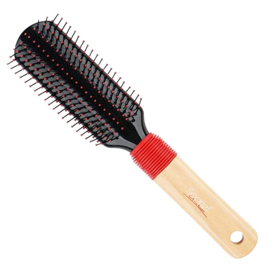 SBX070 9 Row Flat Hair Styling Brush with Rubber Grip Wooden Handle with Ball Tip Nylon Bristles