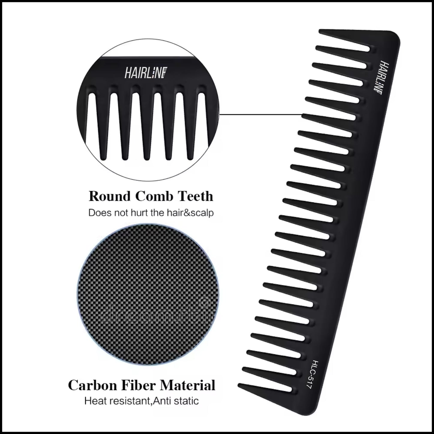 HLC517 Hair Line Professional Anti Static Carbon Fiber Wide Tooth Shower Shampoo Comb for Hair Styling Grooming Detangling for All Hair Types Unisex Black