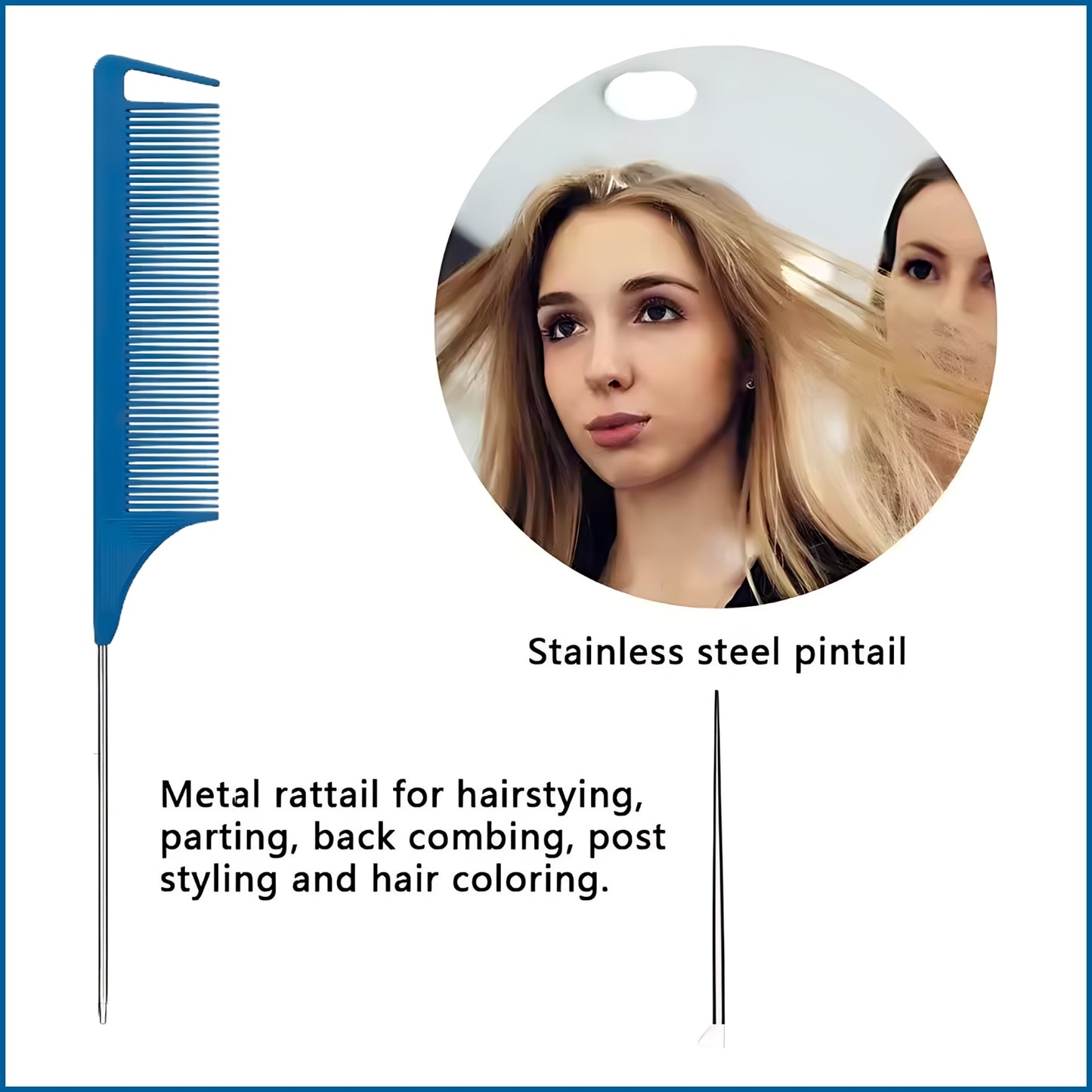 HLC005 Hair Line Professional Carbon Fibre Fine Tooth Comb with Stainless Steel Rat Tail Pin for Hair Parting Braiding Grooming for Men Women Kids Blue