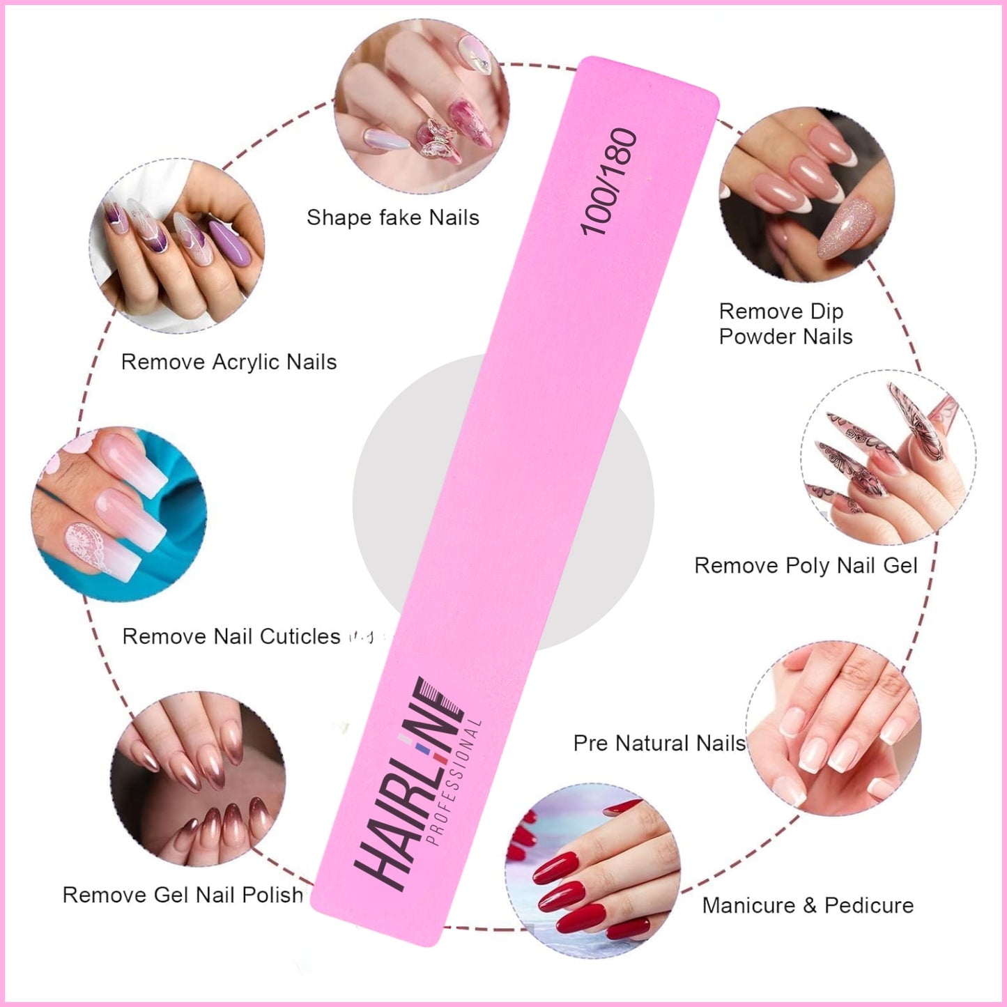 HFS043 Hair Line Professional Nail Block Washable Files with Sponge Technology for Precision Grooming and Lasting Results Dual-Sided 100/180_Pink