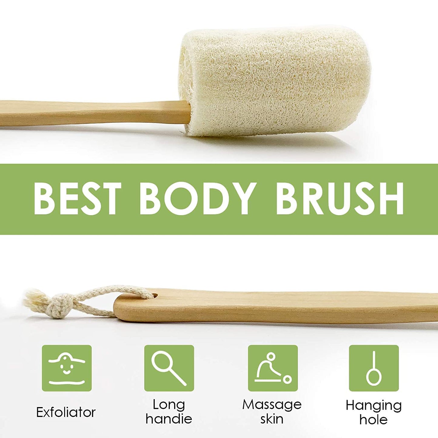 SB1014 Jute Loofah Bath Brush for Shower with Wooden Long Stick Handle for Back Massage Rubbing, Sponge Exfoliating Body Scrubber