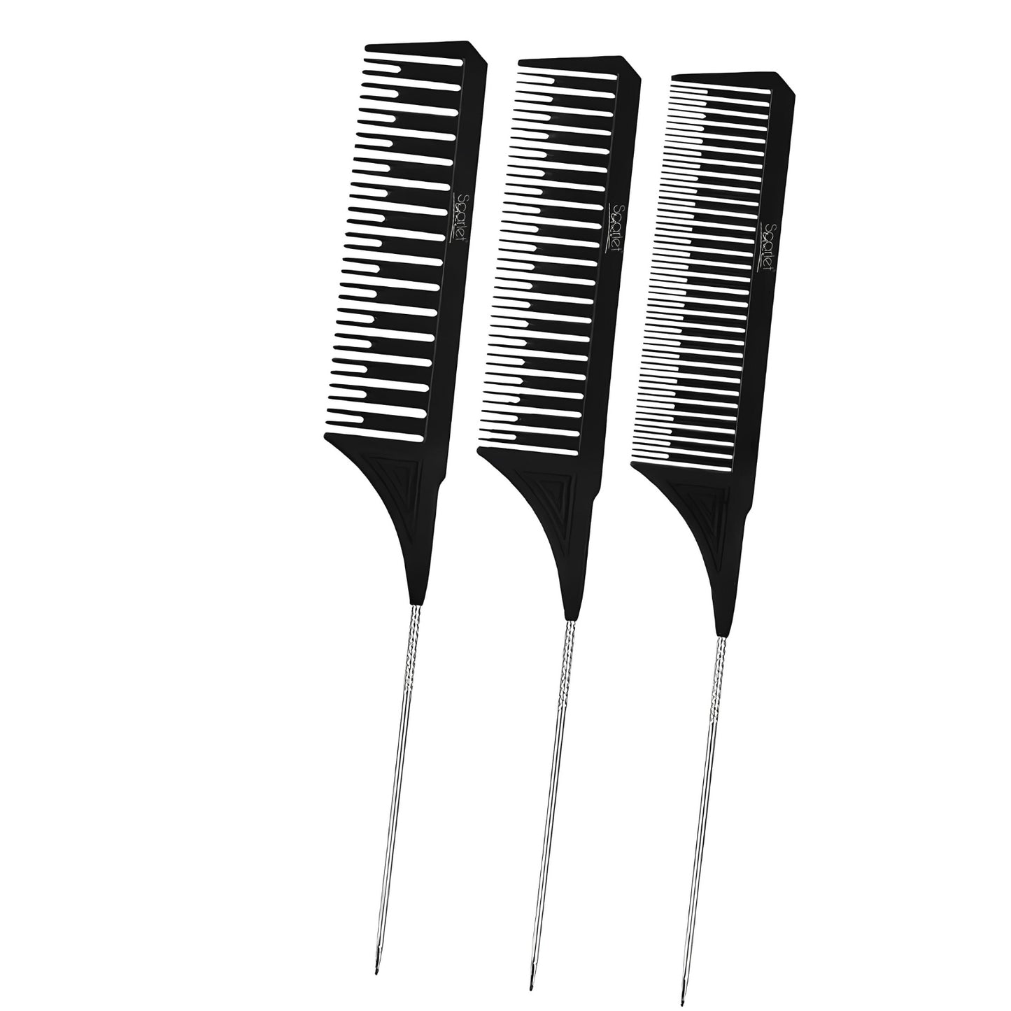 SLC043 Scarlet Line Professional Anti Static Heat Resistant Hair Style Tip Tail Comb Set with Stainless Steel Pick for Home Salon Hairdresser Barbershop_3Pcs