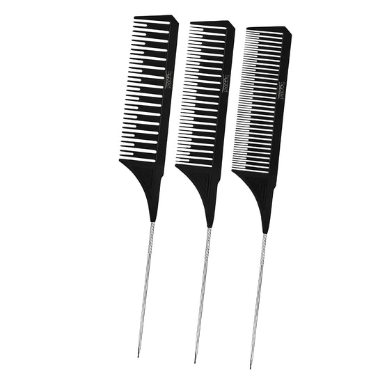 SLC043 Scarlet Line Professional Anti Static Heat Resistant Hair Style Tip Tail Comb Set with Stainless Steel Pick for Home Salon Hairdresser Barbershop_3Pcs