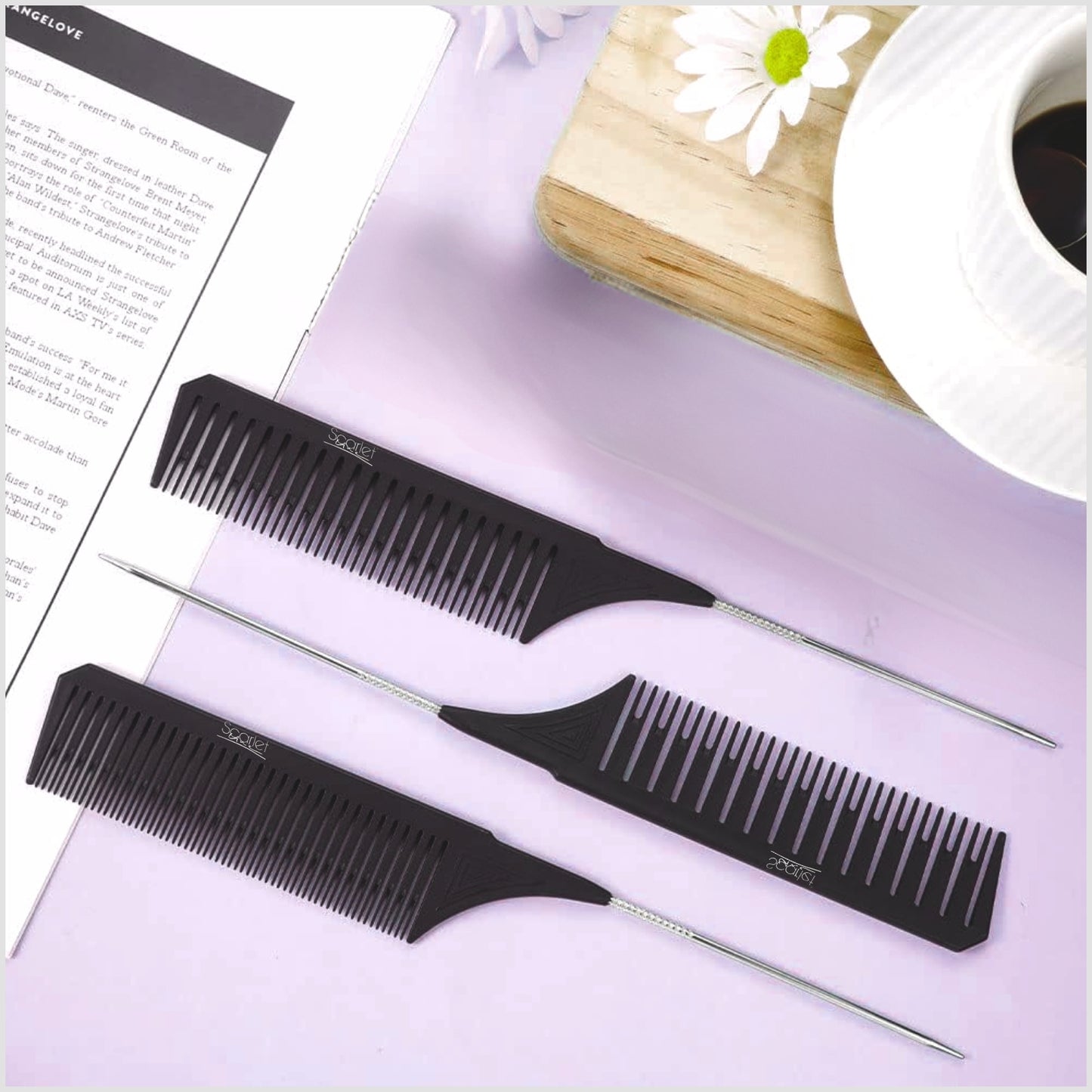 SLC043 Scarlet Line Professional Anti Static Heat Resistant Hair Style Tip Tail Comb Set with Stainless Steel Pick for Home Salon Hairdresser Barbershop_3Pcs