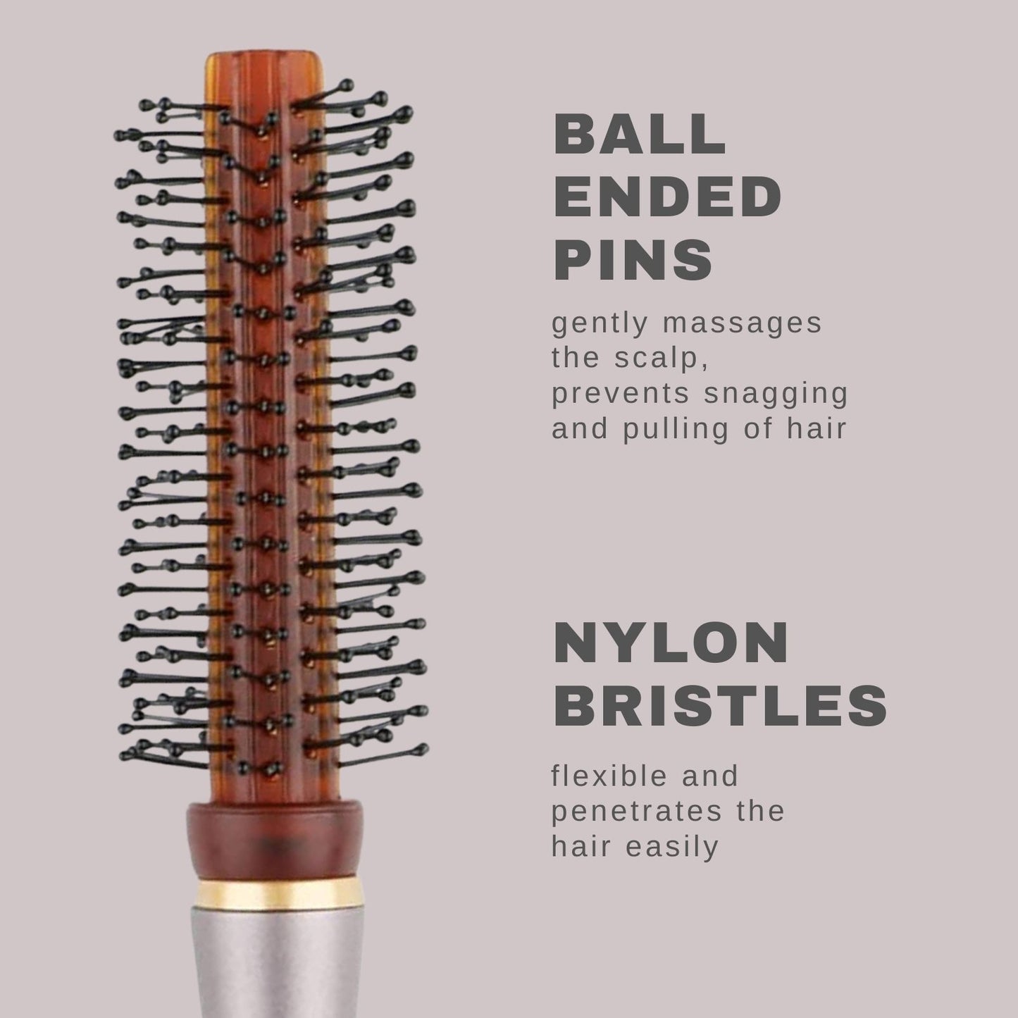 SBX073-074 Professional Round Hair Brush For Styling with Anti Slip Handle n Ball Tip Nylon Bristles_Brown