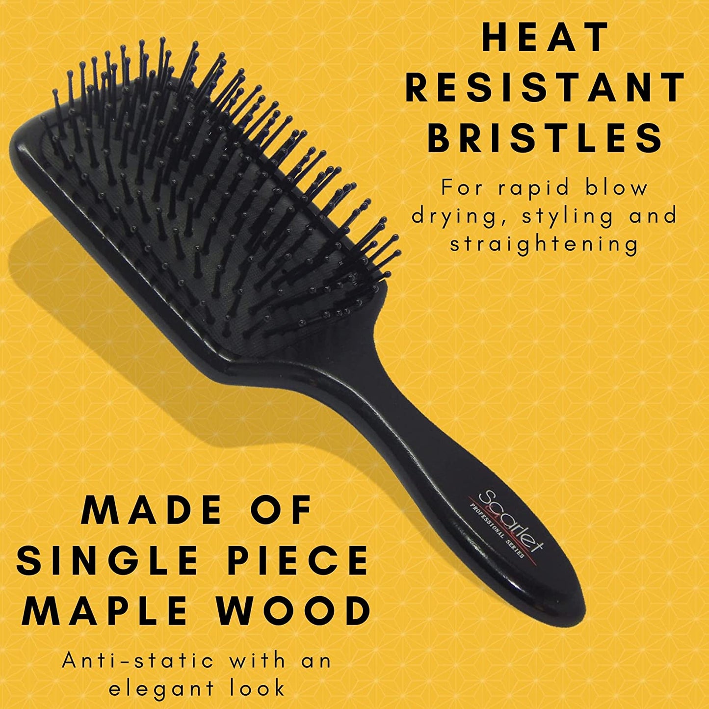 SBX019 Scarlet Line Professional Medium Paddle Hair Brush with Heat Resistant Bristles with Anti Static Wooden Handle for Men and Women, Black_Medium