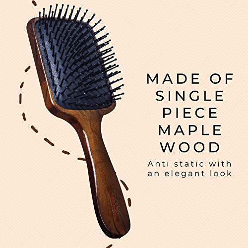 Scarlet Line Professional Maple Wood Anti Static Large Paddle Hair Styling Salon Brush with Curved Wooden Handle for Men n Women_Brown