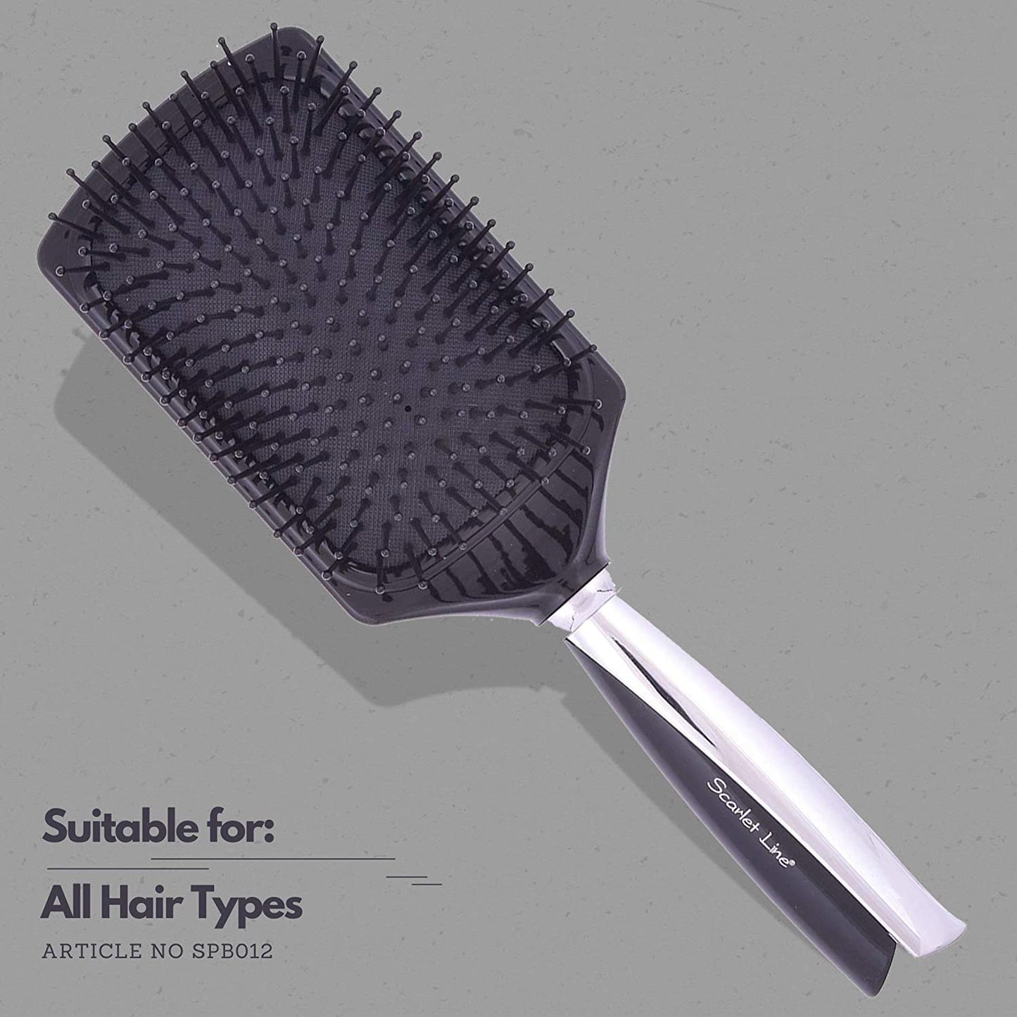 SPB012 Professional Large Paddle Ball Tip Nylon Bristles Hair Styling Salon Brush with Metallic Finish Handle_Black n Silver Paddle Brushes Scarlet Line 26X8.6X5 CM Koki Story