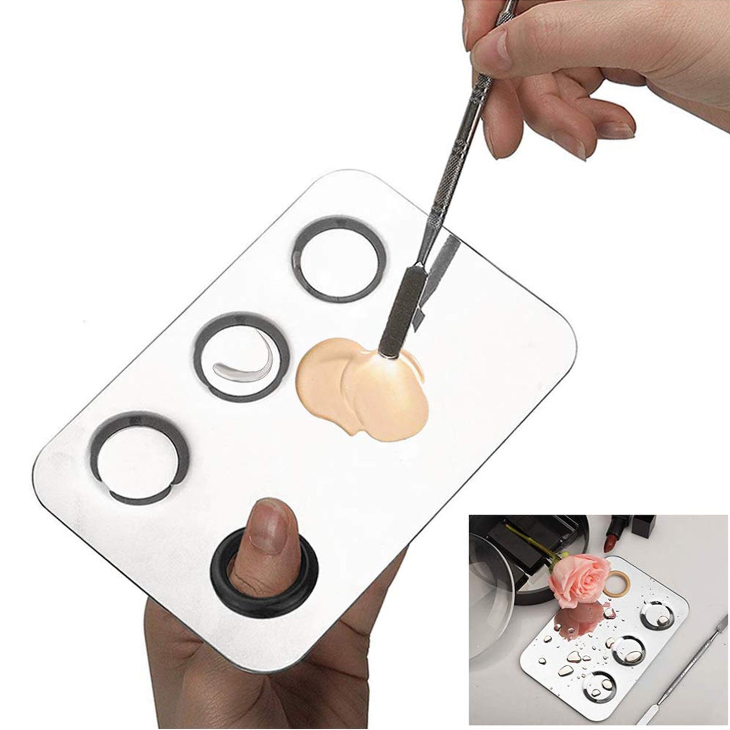 HDI023 Professional Stainless Steel With 3 Mixing Well Cosmetic Makeup Nail Art Foundation Lipstick Blending Palette Tool with Spatula Silver Makeup Mixing Plates Hair Line 19.5X11X0.5 CM Koki Story