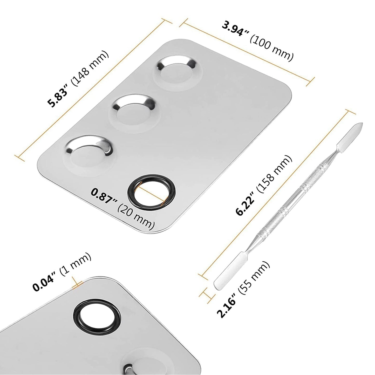 HDI023 Professional Stainless Steel With 3 Mixing Well Cosmetic Makeup Nail Art Foundation Lipstick Blending Palette Tool with Spatula Silver Makeup Mixing Plates Hair Line 19.5X11X0.5 CM Koki Story