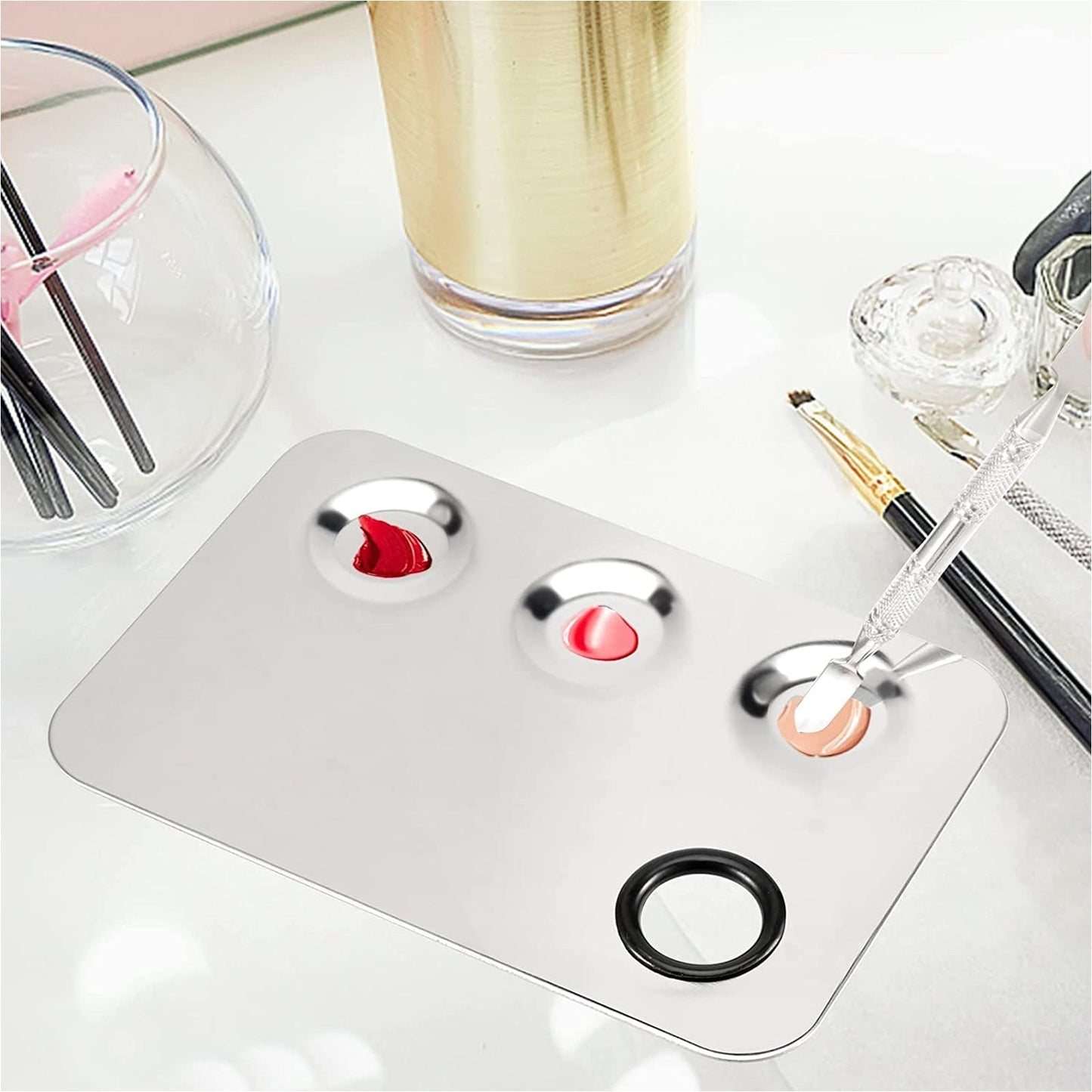 HDI023 Professional Stainless Steel With 3 Mixing Well Cosmetic Makeup Nail Art Foundation Lipstick Blending Palette Tool with Spatula Silver Makeup Mixing Plates Hair Line 19.5X11X0.5 CM Koki Story