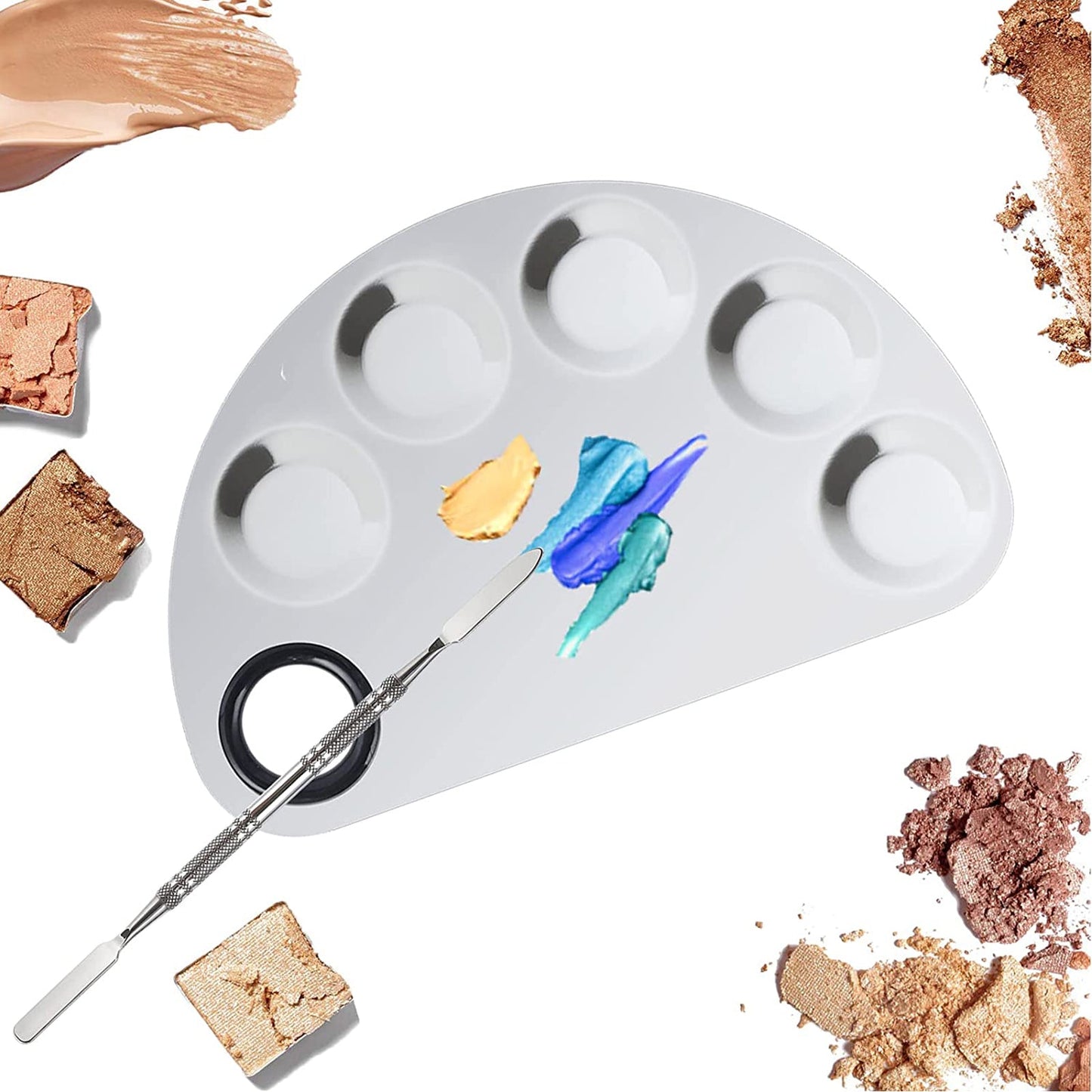 HDI023 Professional Stainless Steel With 5 Mixing Well Cosmetic Makeup Nail Art Foundation Lipstick Blending Palette Tool with Spatula Silver Makeup Mixing Plates Hair Line 19.5X11X0.5 CM Koki Story