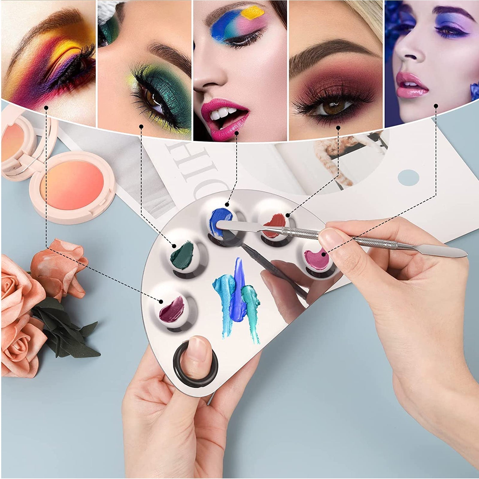 HDI023 Professional Stainless Steel With 5 Mixing Well Cosmetic Makeup Nail Art Foundation Lipstick Blending Palette Tool with Spatula Silver Makeup Mixing Plates Hair Line 19.5X11X0.5 CM Koki Story