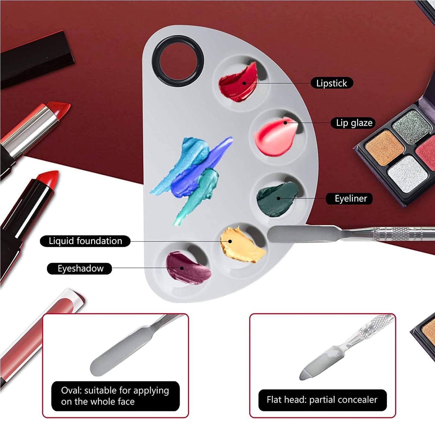 HDI023 Professional Stainless Steel With 5 Mixing Well Cosmetic Makeup Nail Art Foundation Lipstick Blending Palette Tool with Spatula Silver Makeup Mixing Plates Hair Line 19.5X11X0.5 CM Koki Story