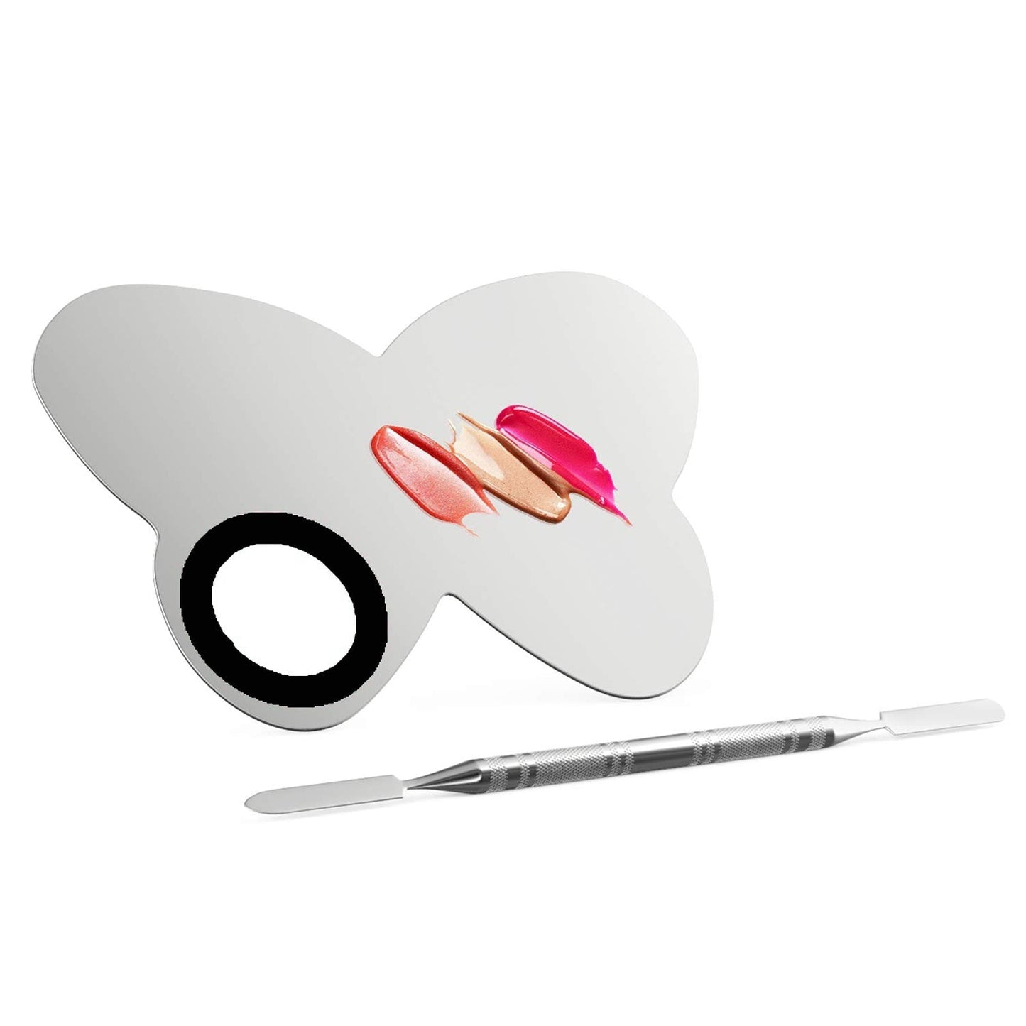 HDI041 Professional Stainless Steel Butterfly Cosmetic Makeup Nail Art Foundation Eyelash Lipstick Mixing/Blending Tool with Spatula Silver Makeup Mixing Plates Hair Line 16.5X11.5X0.5 CM Koki Story