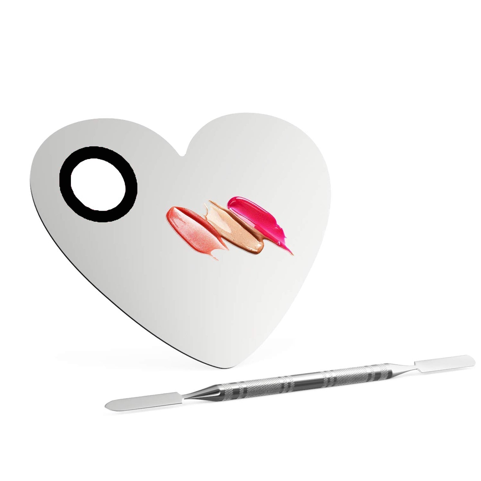 HDI041 Professional Stainless Steel Heart Shape Cosmetic Makeup Nail Art Foundation Eyelash Lipstick Mixing/Blending Tool with Spatula Silver Makeup Mixing Plates Hair Line 16.5X11.5X0.5 CM Koki Story