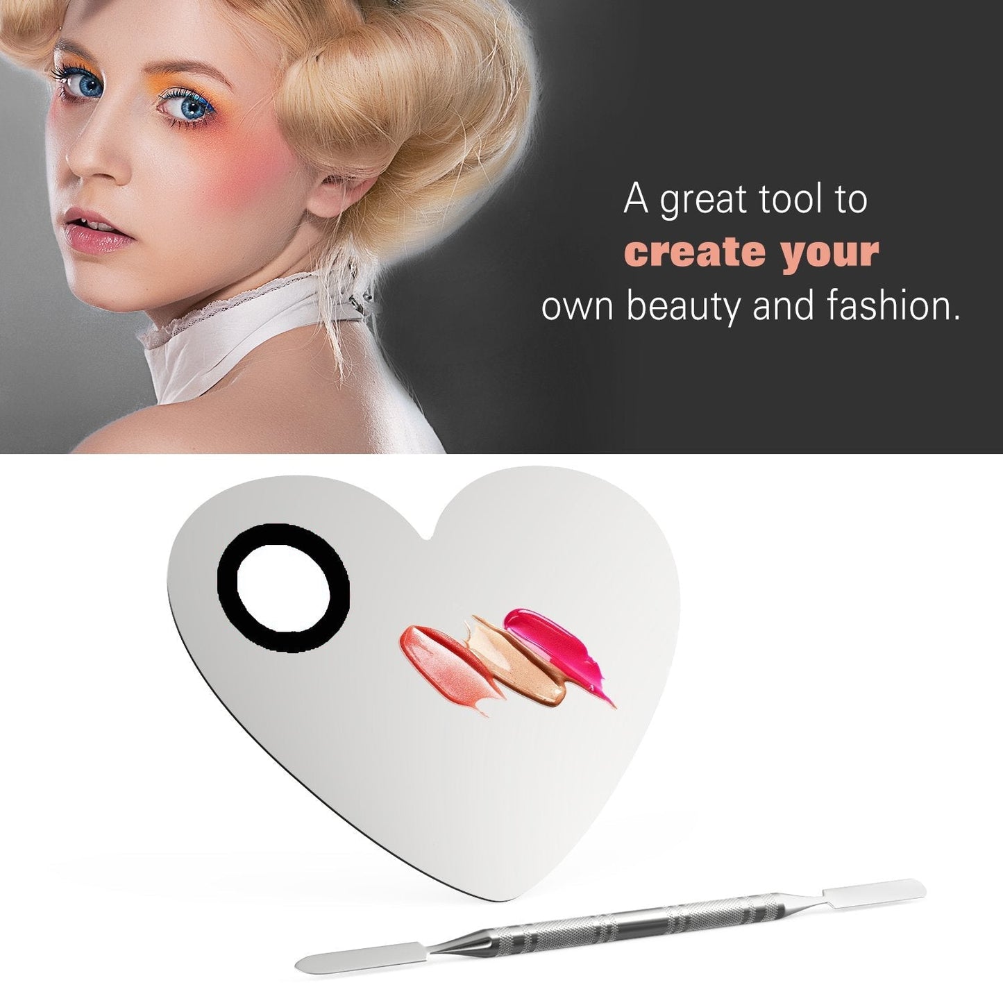 HDI041 Professional Stainless Steel Heart Shape Cosmetic Makeup Nail Art Foundation Eyelash Lipstick Mixing/Blending Tool with Spatula Silver Makeup Mixing Plates Hair Line 16.5X11.5X0.5 CM Koki Story