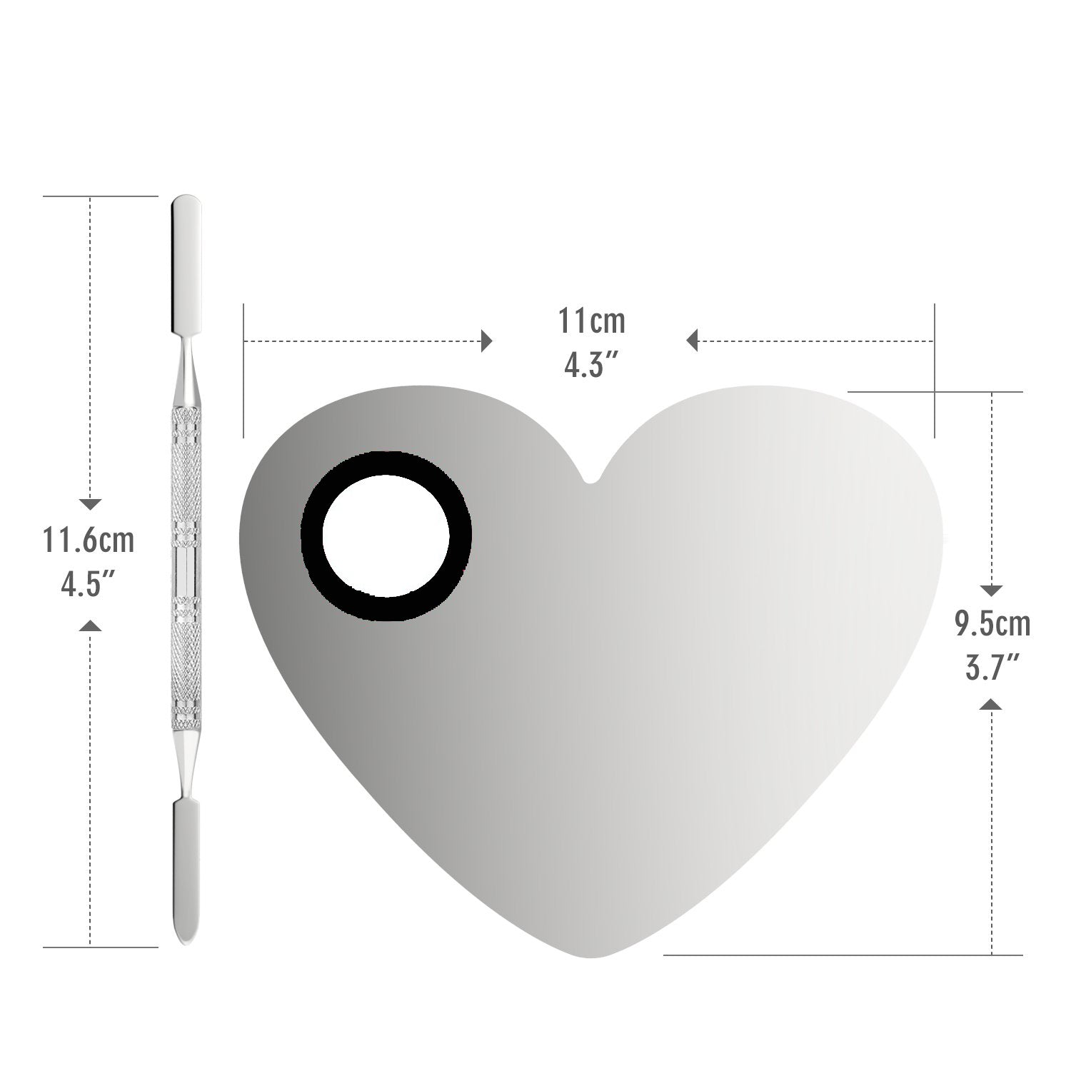 HDI041 Professional Stainless Steel Heart Shape Cosmetic Makeup Nail Art Foundation Eyelash Lipstick Mixing/Blending Tool with Spatula Silver Makeup Mixing Plates Hair Line 16.5X11.5X0.5 CM Koki Story