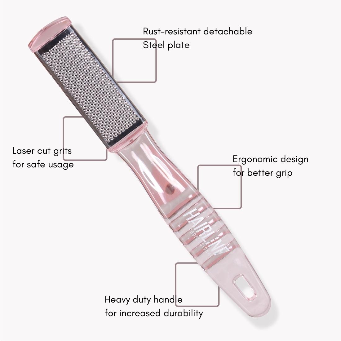 HFS008 Dual Sided Detachable Steel Plate Foot Scrubber For Pedicure Foot Filer Scrapper For Hard n Dead Skin Removing Callus Remover For Feet_Pink Foot Scrubbers Hair Line 19X2.5X1.2 CM Koki Story