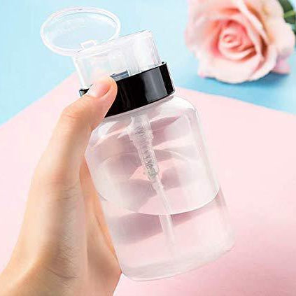 HSB049 Professional Plastic Push Down Lockable Pump Dispenser Liquid Pumping Empty Refillable Bottle for Nail Polish n Makeup Remover Push Down Dispenser Bottles Hair Line Koki Story