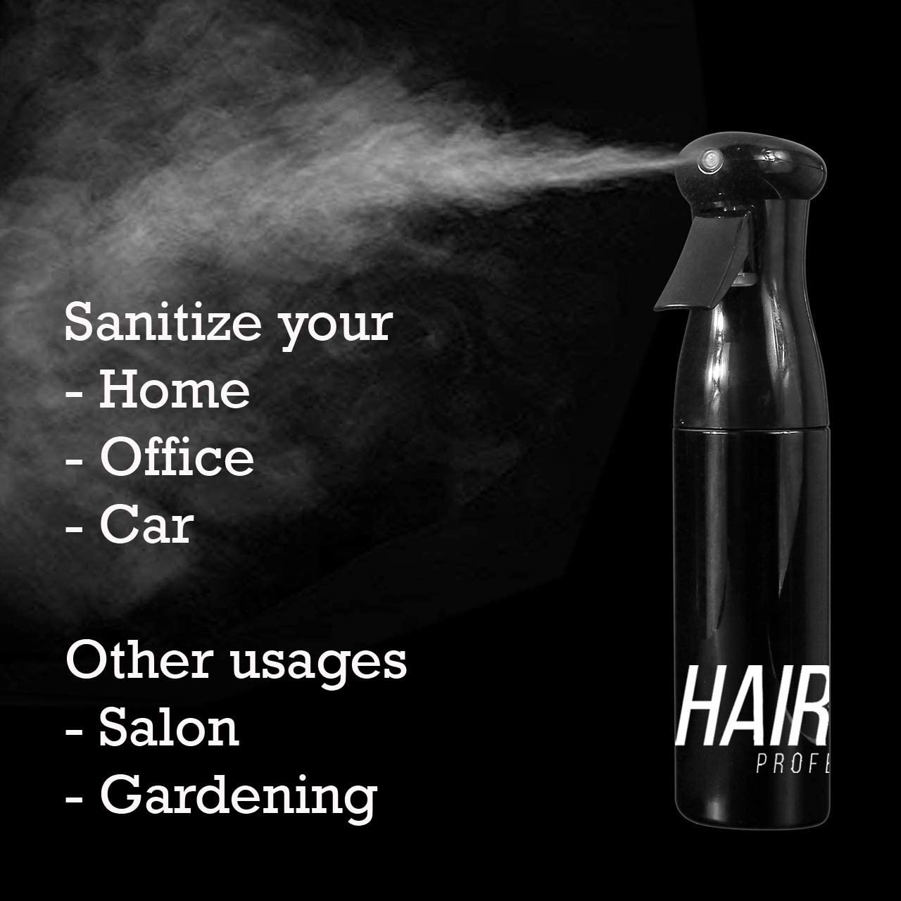 HSB057 Home, Office, Car Sanitizing Micro Mist Spray Bottle for Spraying Water or Liquid Sanitizer,Ultra Fine Leakproof Continuous Sprayer, Black Spray Bottles Hair Line 30X16.5X2 CM Koki Story