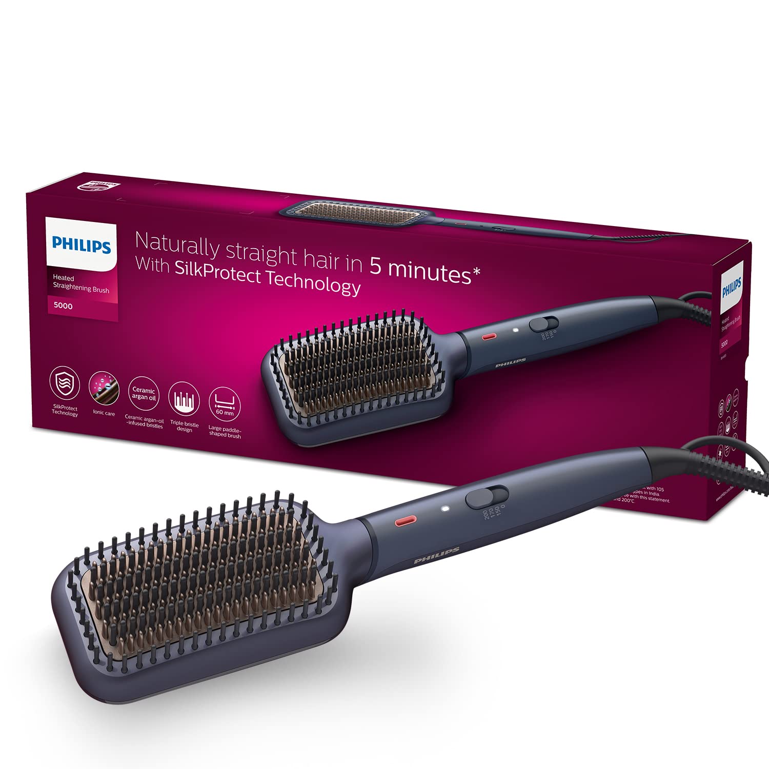 BHH885/10 Heated Straightening Brush New ThermoProtect Technology Ionic care Argan Oil Infusion & Extra Large Brush 50 Watts Hair Straighteners PHILIPS Black Koki Story