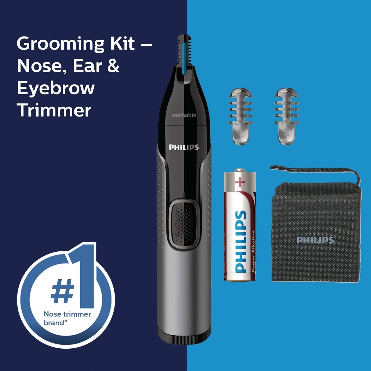 Nt3650/16 Cordless Nose Ear & Eyebrow Trimmer with Protective Guard System Fully Washable Including AA Battery 2 Eyebrow Combs Pouch Trimmers & Clippers PHILIPS Koki Story