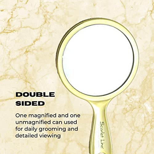 SSM022 Professional Series Medium Round Shape Double Sided Magnifying Makeup Hand Mirror with Handle Golden 27 x 14.5 x 1 cm Makeup Mirrors Scarlet Line Koki Story