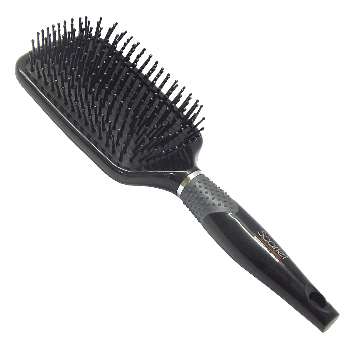 SBX026 Professional Cushion Pad Ball Ended Ceramic Bristles Large Paddle Hair Brush with Anti Slip Rubber Grip on Handle Paddle Brushes Scarlet Line Black Plastic Koki Story