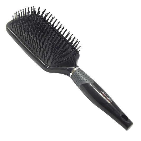 SBX026 Professional Cushion Pad Ball Ended Ceramic Bristles Large Paddle Hair Brush with Anti Slip Rubber Grip on Handle Paddle Brushes Scarlet Line Black Plastic Koki Story