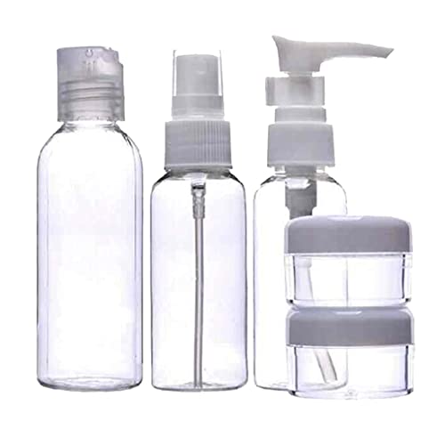 SLB001 Refillable Empty Automizer Mist Spray Bottle, Dispenser,Flip Top Bottle n Jar Plastic Travel Kit Sanitizer, Toiletries_5 Pc Set Cosmetic Containers Scarlet Line 15X14X4.5 CM Koki Story