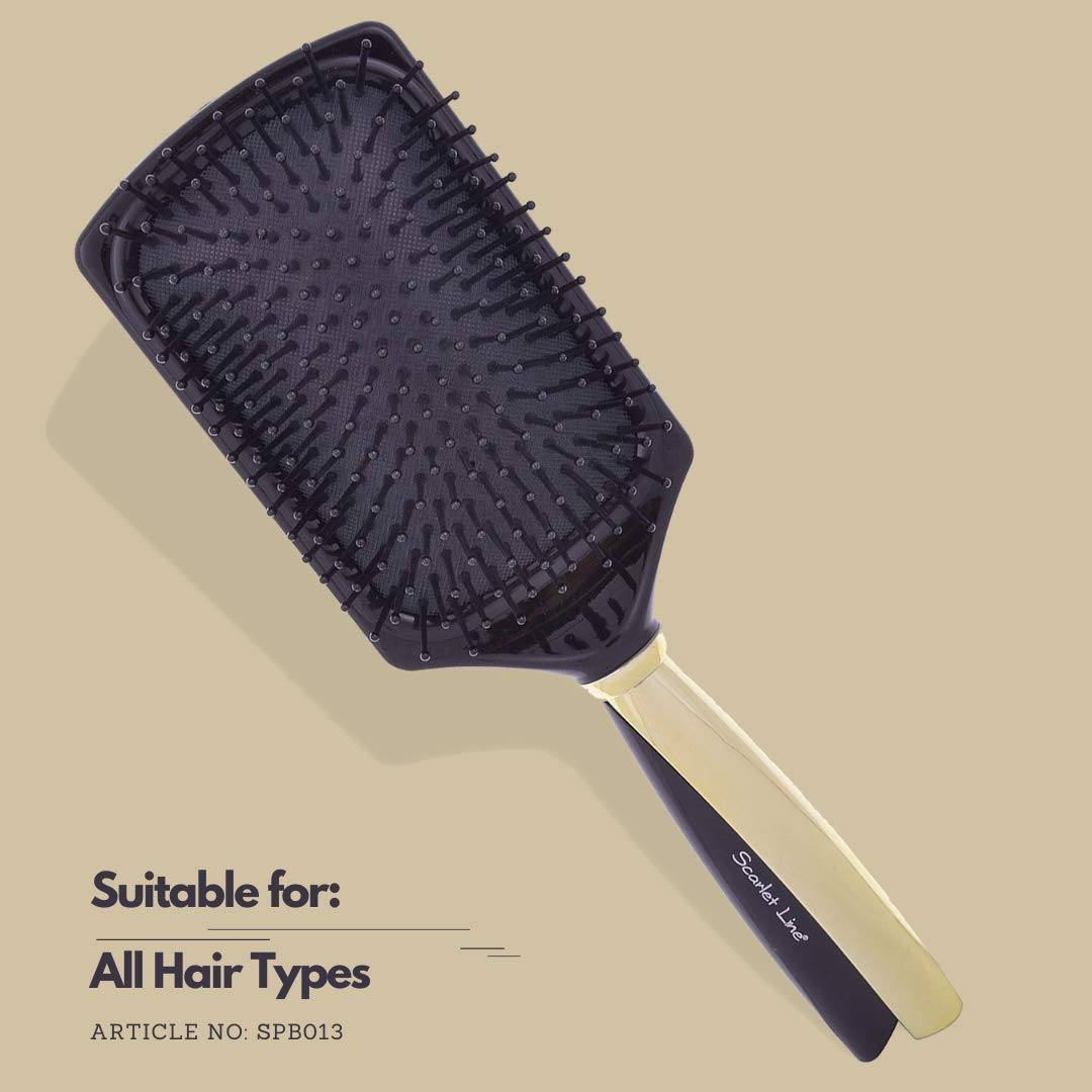 SPB013 Professional Large Cushion Ball Tip Nylon Bristles Paddle Hair Styling Salon Brush with Metallic Finish Handle_Black Paddle Brushes Scarlet Line 26X8.6X5 CM Koki Story