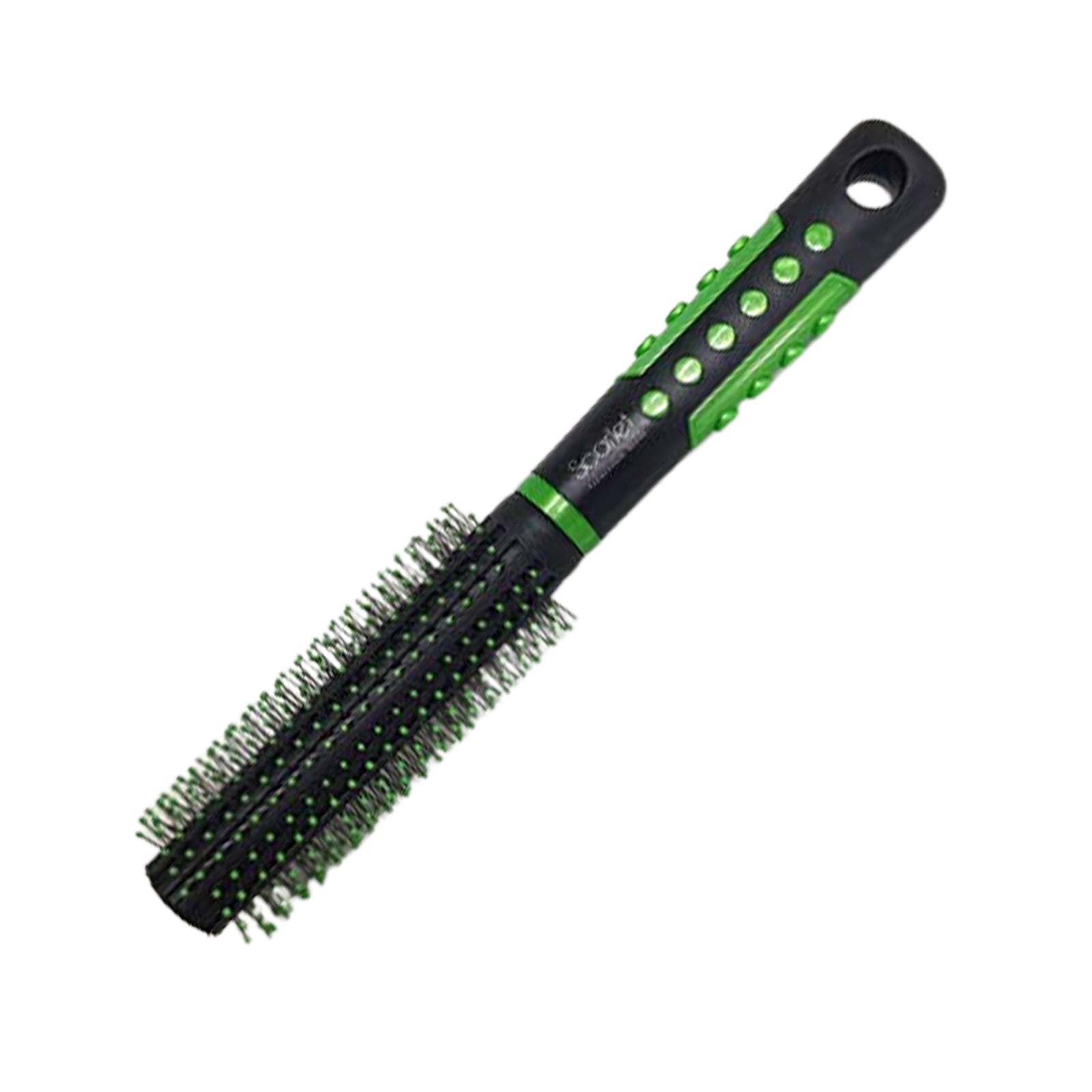 SPR001 Professional Round Ball Tipped Soft Nylon Bristles Hair Styling Brush with Anti Slip Handle Round Hair Brushes Scarlet Line Black n Green Koki Story