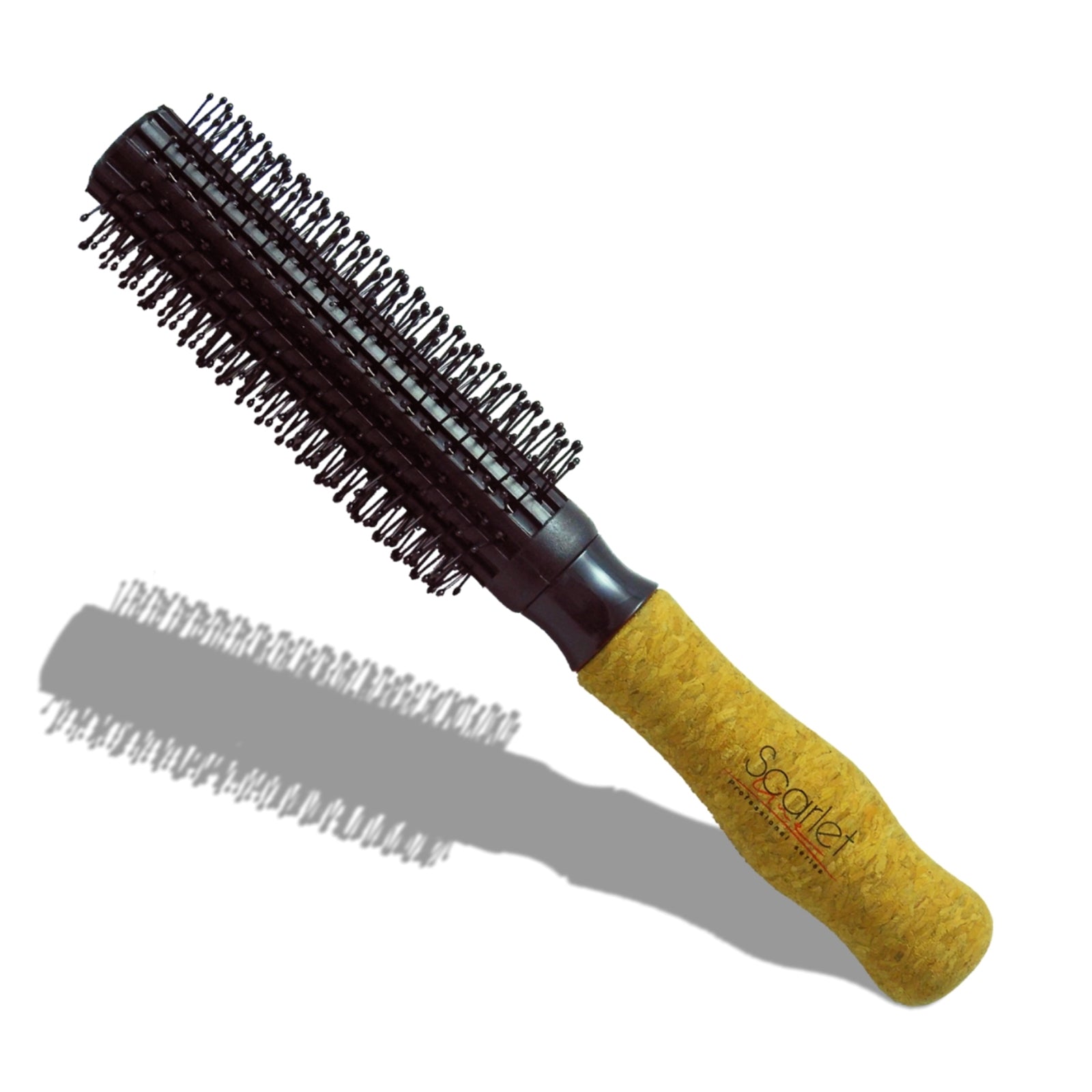 SPR004 Cork Wood Round Hair Brush with Soft Touch Comfortable Grip Anti Slip Handle Ball Ended Nylon Bristles for Hair Styling Round Hair Brushes Scarlet Line Black Koki Story