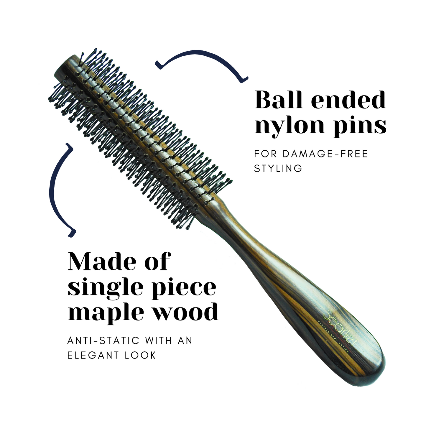 SPR016 Professional Maple Wood Anti Static Round Hair Styling Brush with Curved Joint Less Wooden Handle , Brown Flat Hair Brushes Scarlet Line 26X4.5X4.5 CM Koki Story