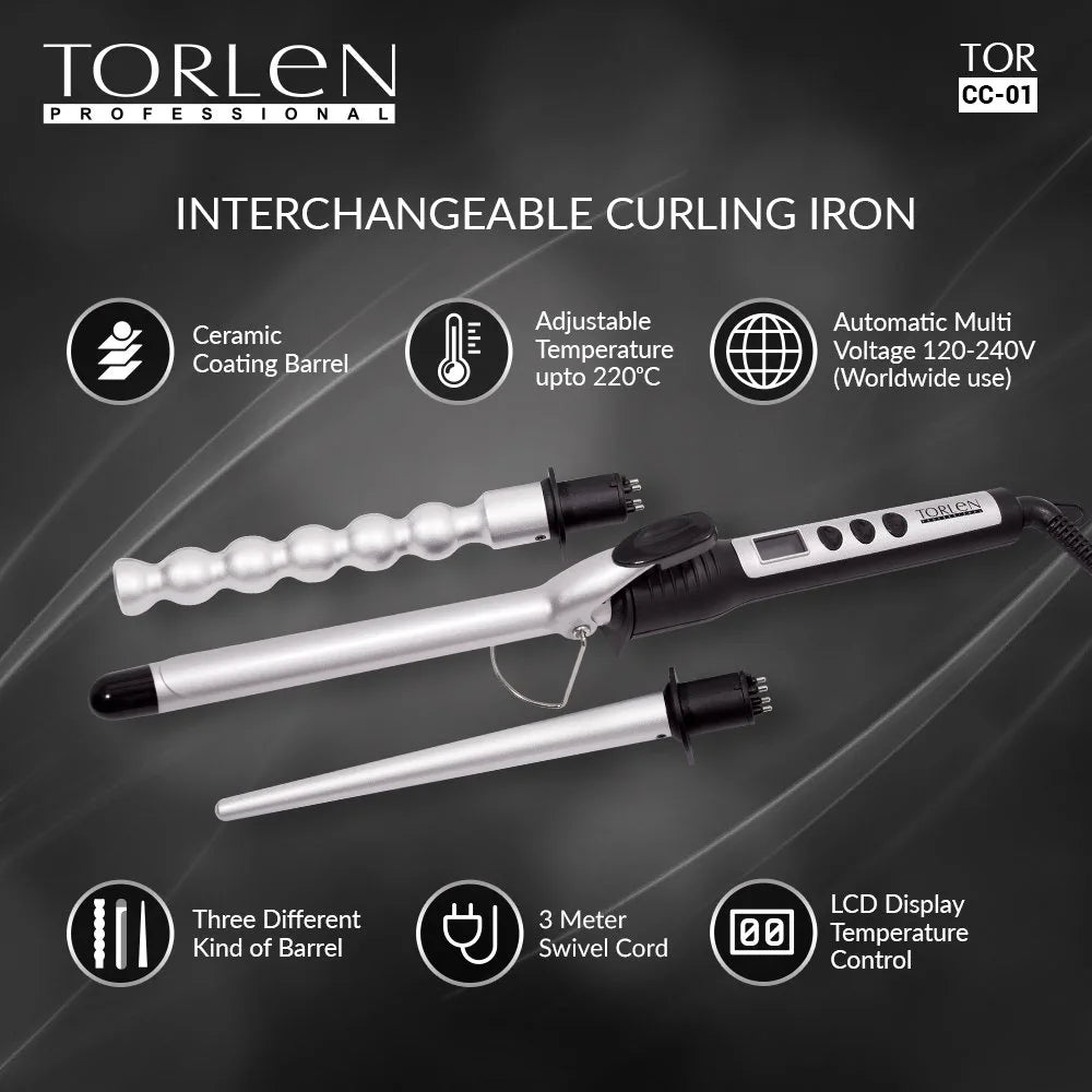 Interchangeable Hair Curling Iron with Temperature Controller Set of 3 Straight, Bubble n Conical Tong for Salon n Parlor, Silver Irons TORLEN Koki Story